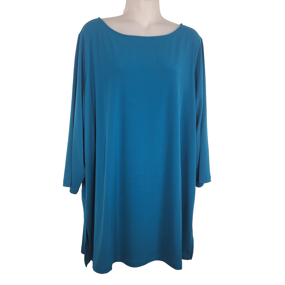 Susan Graver Modern Essentials Liquid Knit 3/4 Sleeve Tunic 2X Teal Boat A378544